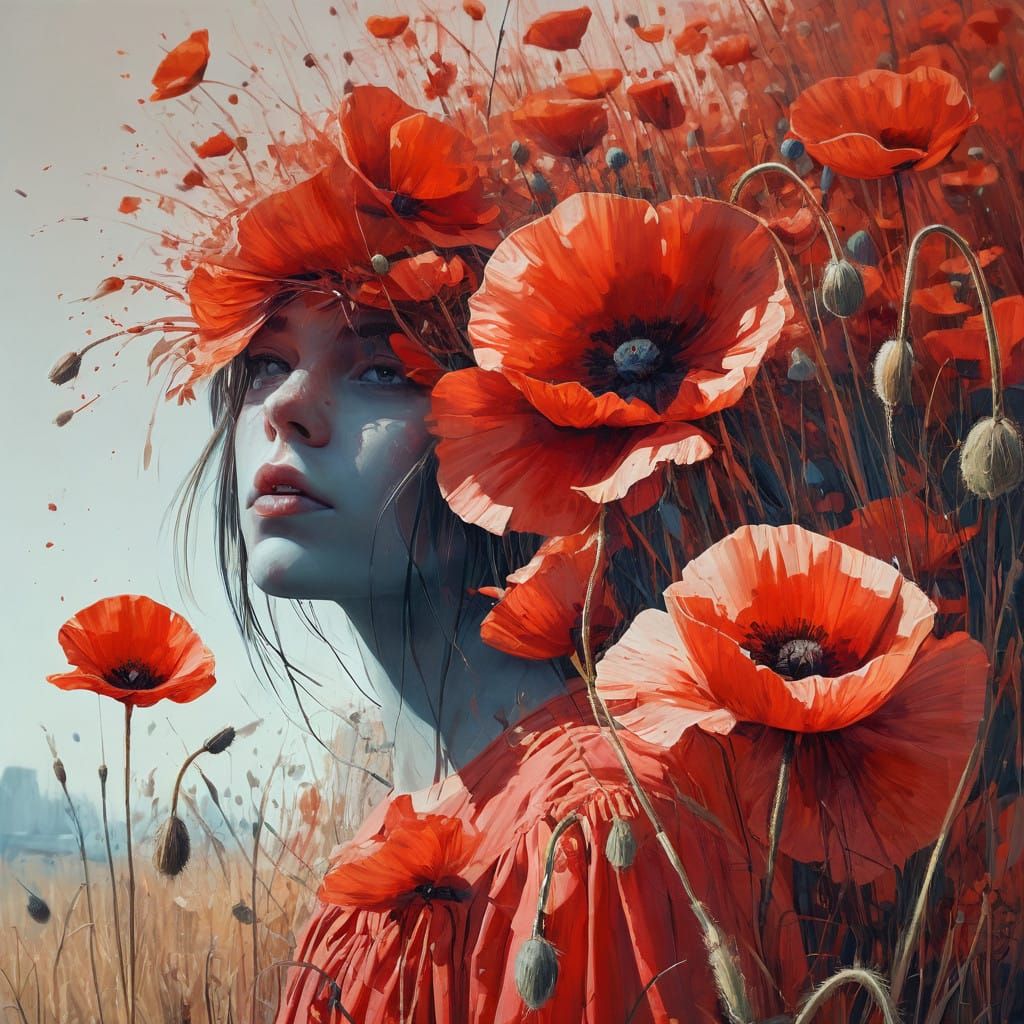 Woman Surrounded by Vibrant Red Poppy Field