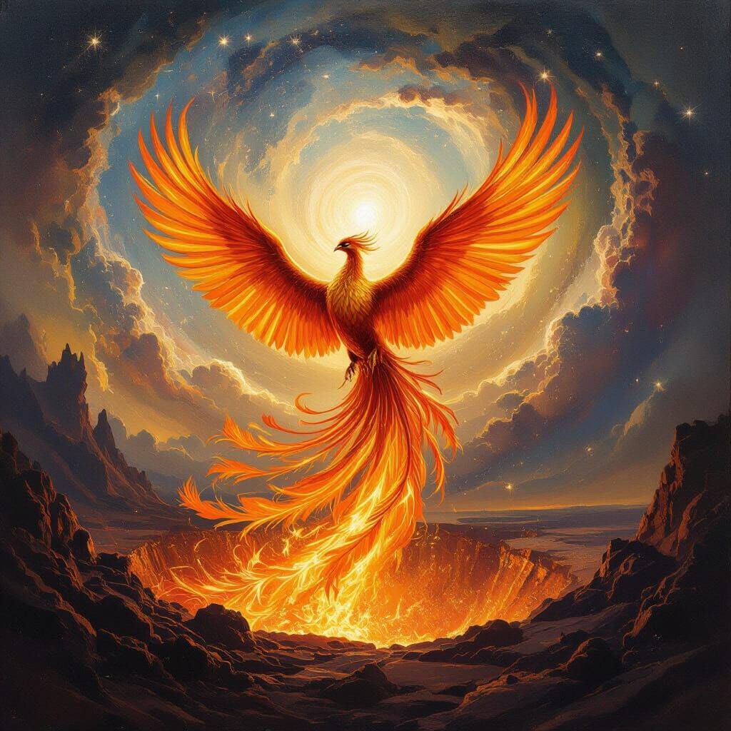 Phoenix Rising from Gold Crater in Oil Painting Style