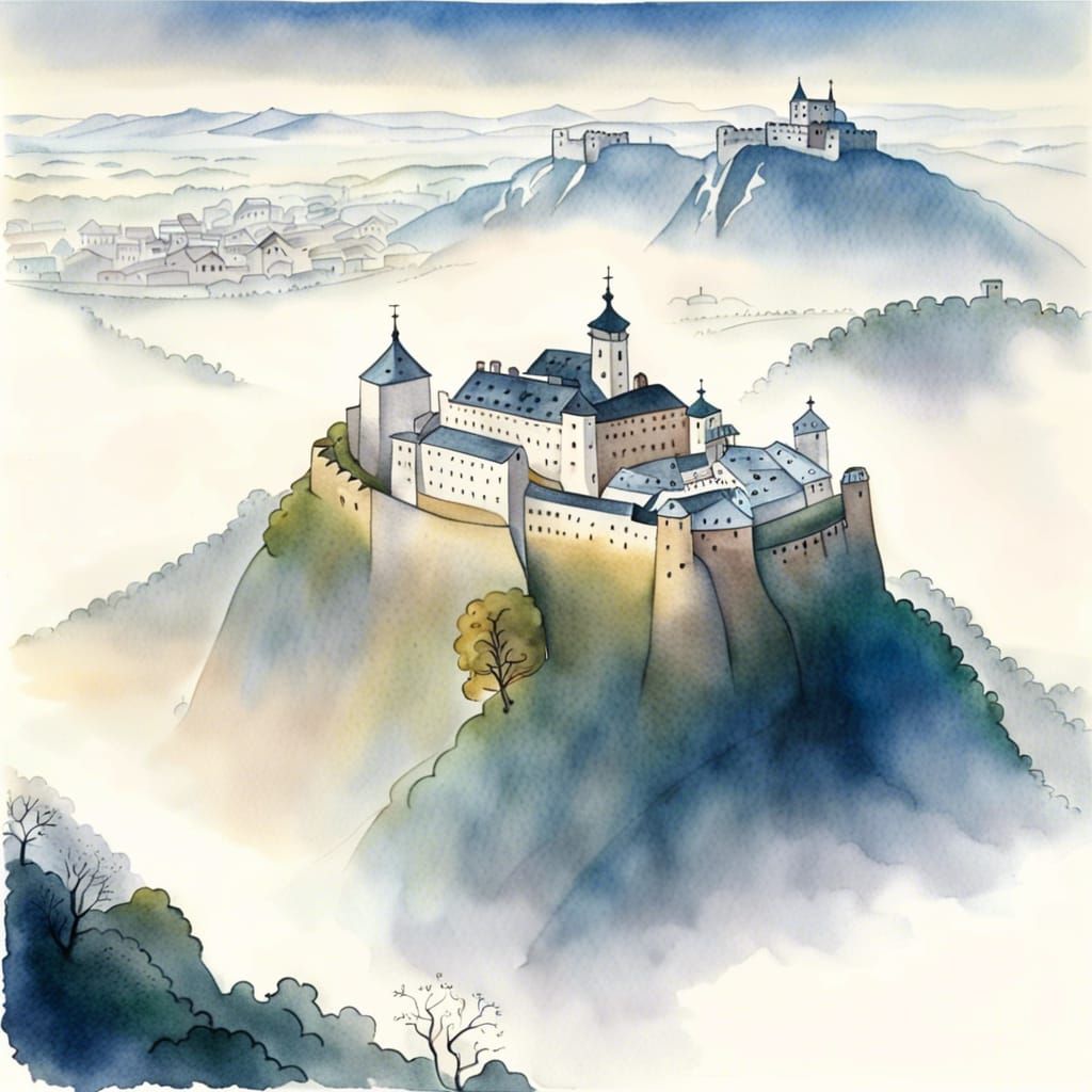 Hohensalzburg Fortress Floating in Fog, Watercolor Illustrat...