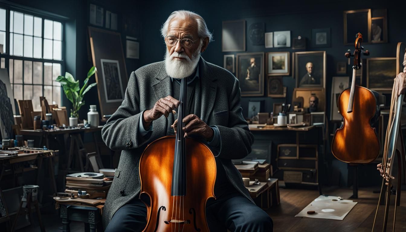 Old Artist with Cello: Detailed Matte Painting