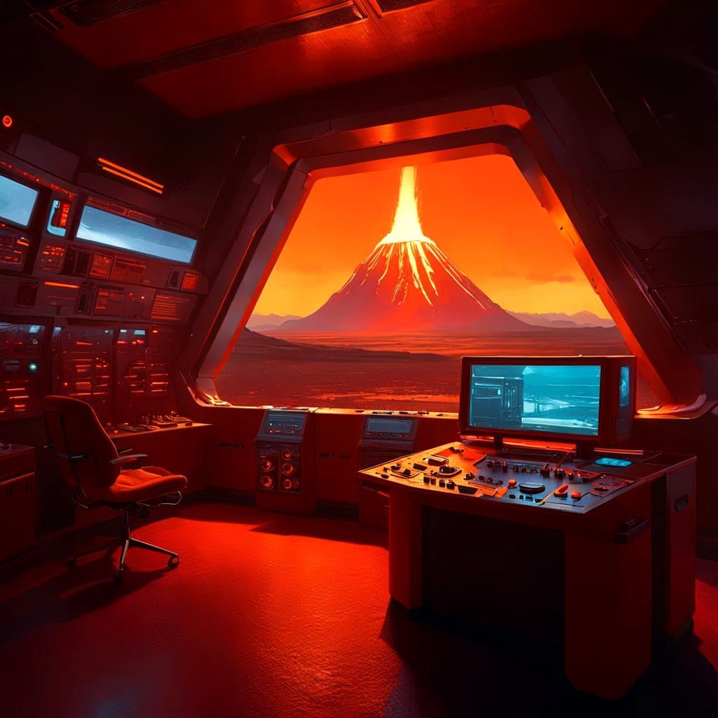 Futuristic Volcano Lab with Molten Streams
