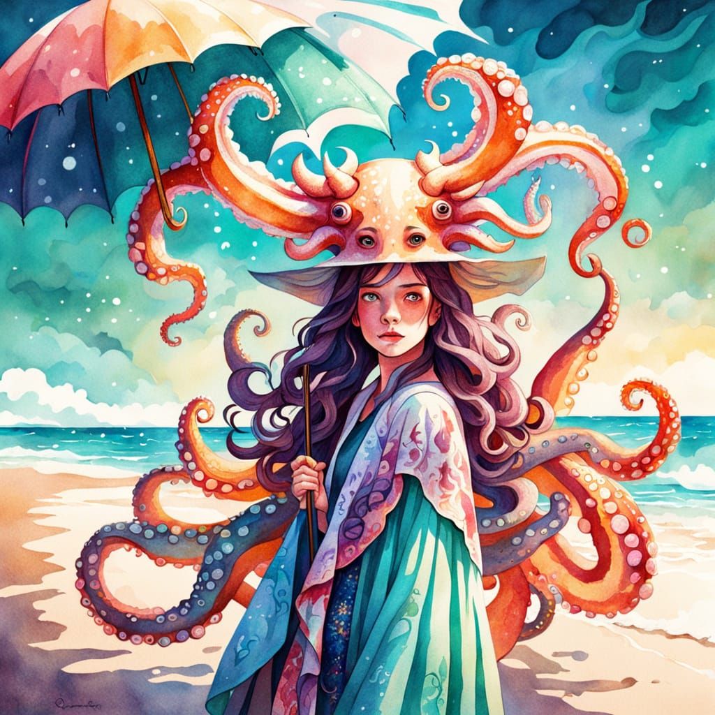 Whimsical Beach Scene: Horned Girl and Octopus