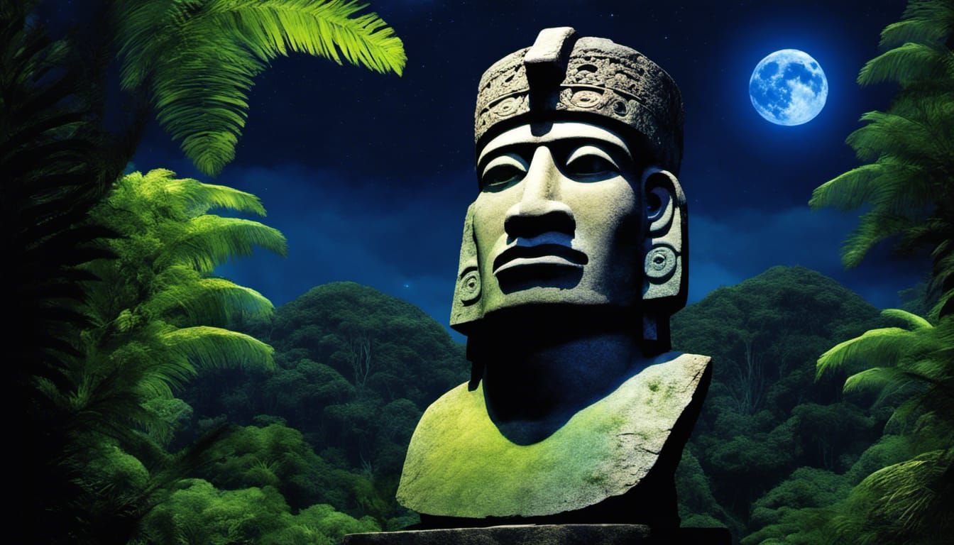 Moai Statue in Bioluminescent Jungle, Art Nouveau Style