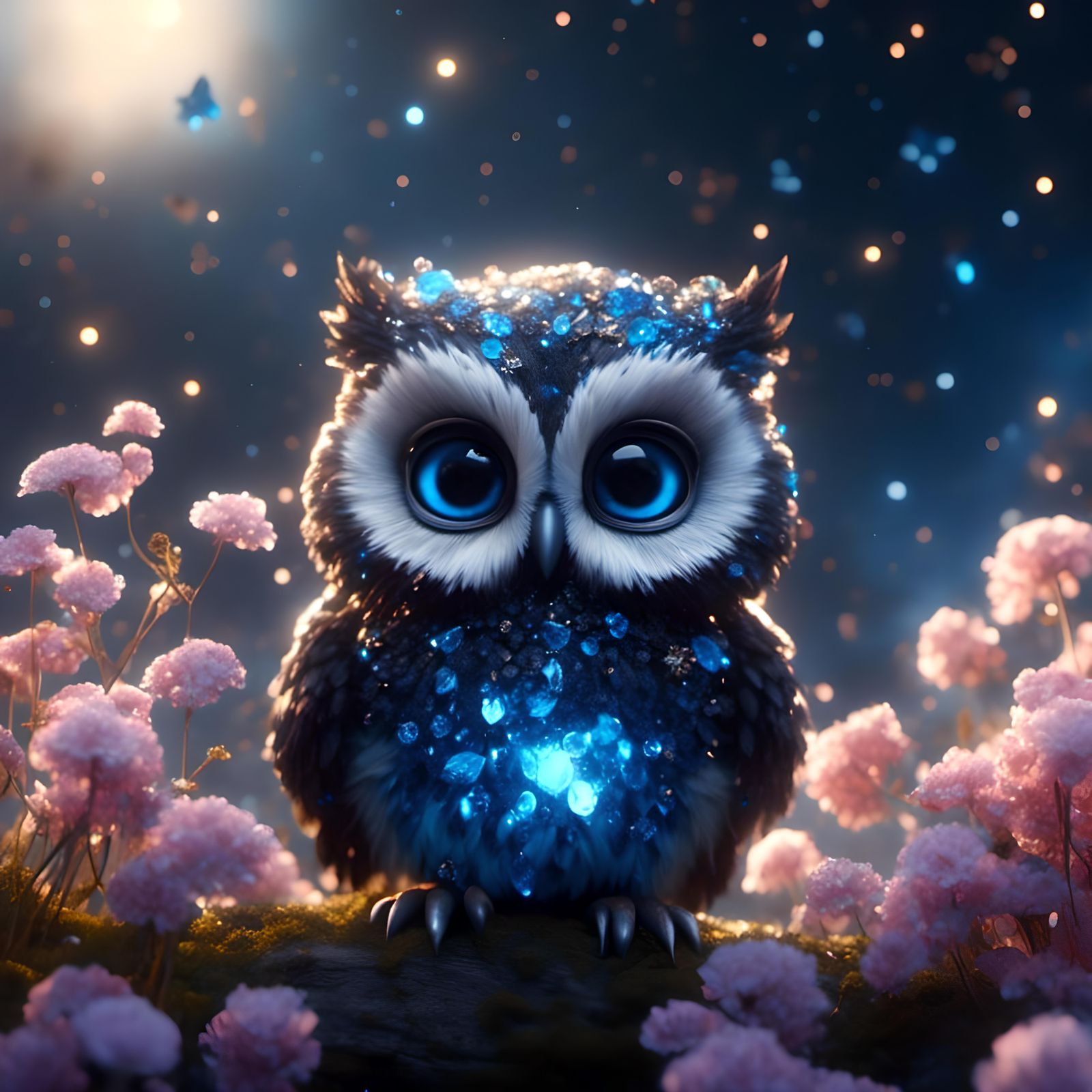Mystic Baby Owl with Sparkly Jewels in Starry Night
