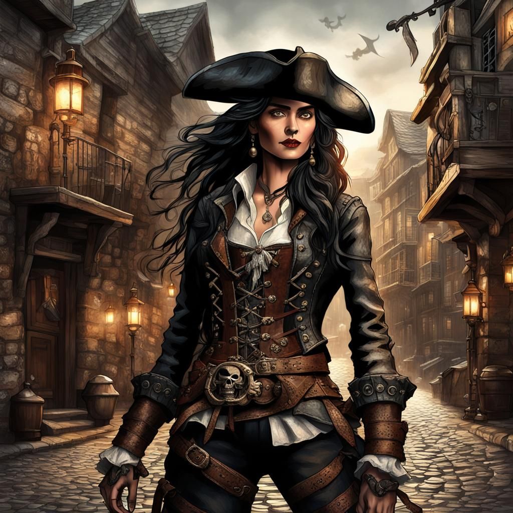 Create a portrait of a fierce female pirate. She wears a lea...