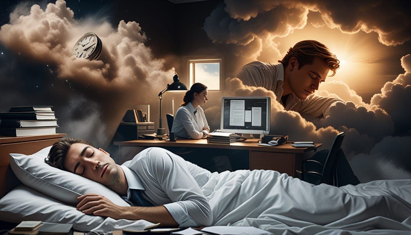 Man in Office Dreamscape with Angelic Figure