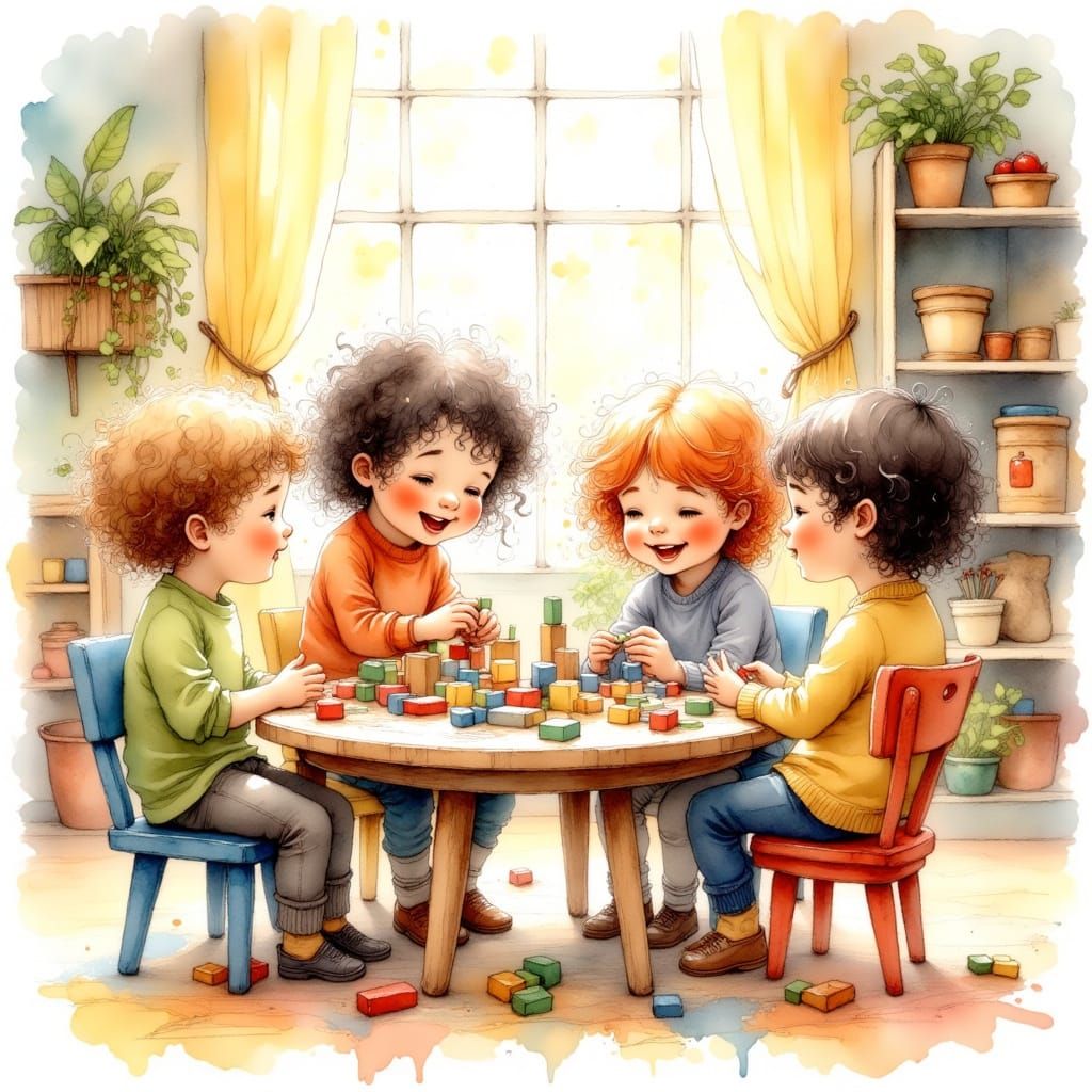 Joyful Toddlers Build with Blocks in a Bright Daycare Room