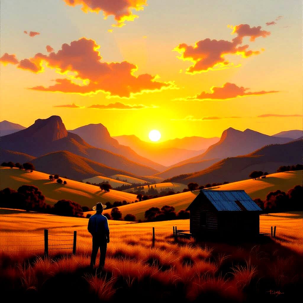 Australian Mountain Sunset in Impasto Oil Painting Style