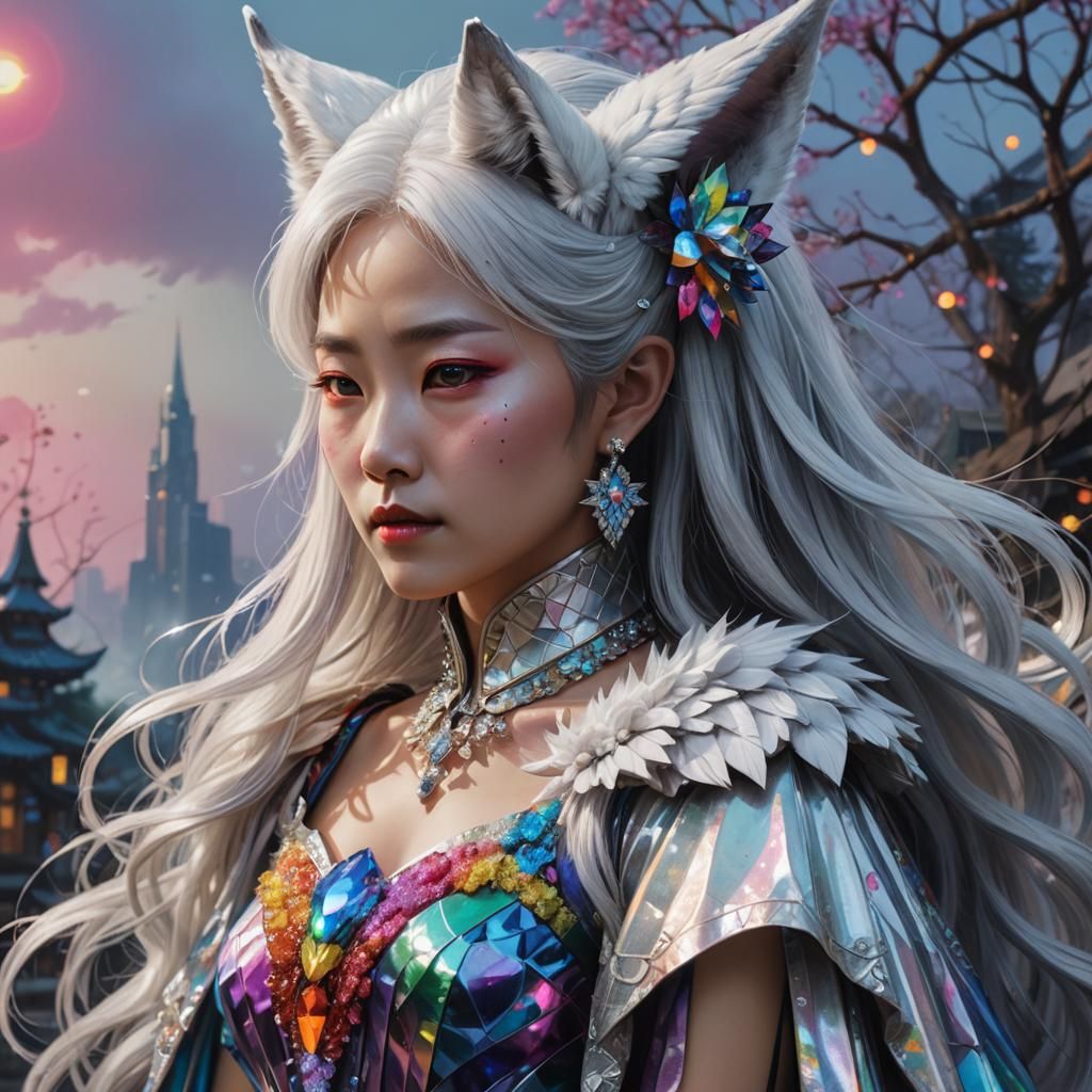 Korean Vampire Queen with Silver Hair and Rainbow Dress