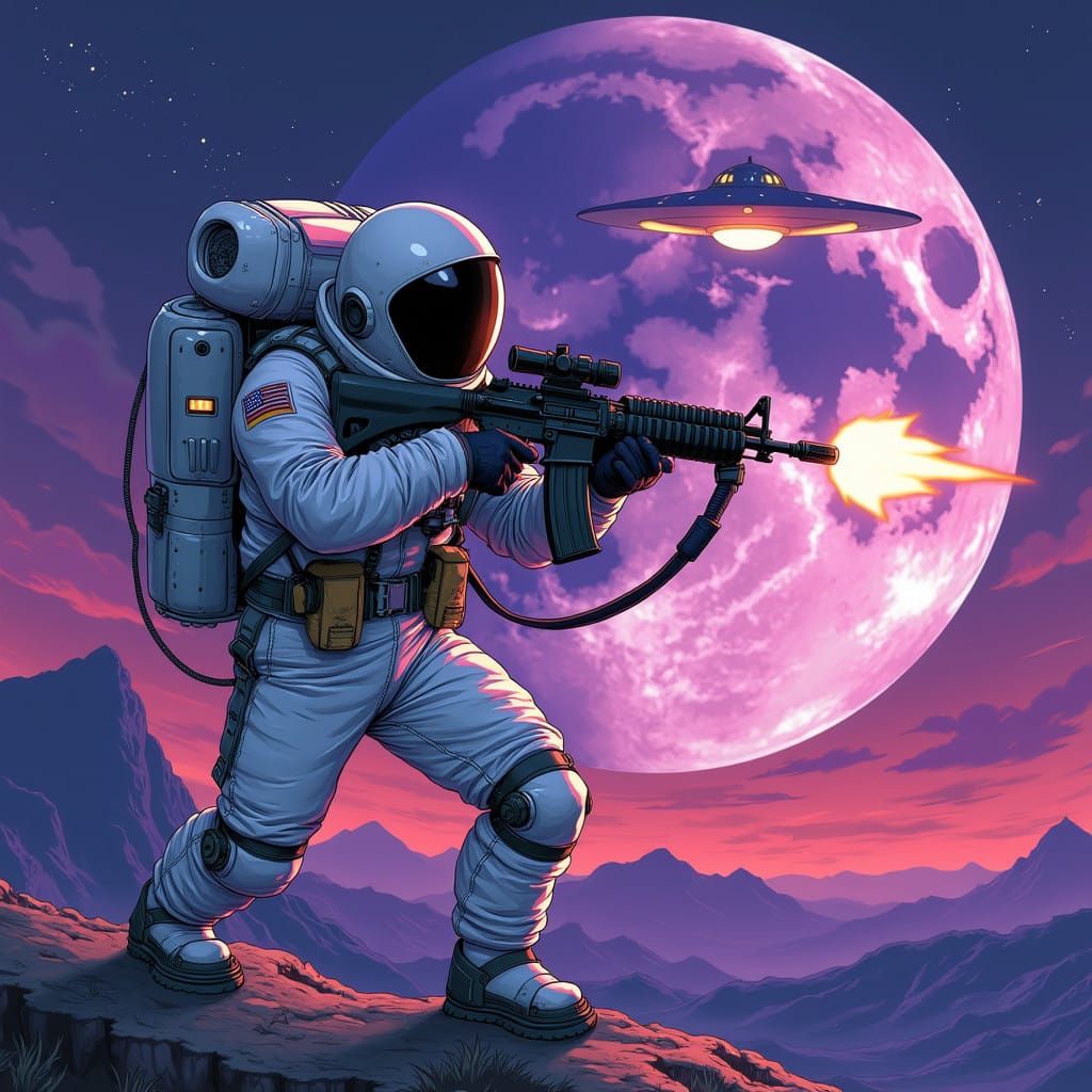 Astronaut Battles Alien UFO Under Vibrant Purple Moon