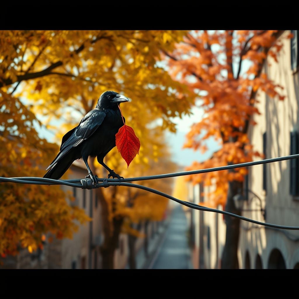 Glossy Crow Holds Autumn Leaf in Ancient Italian Town