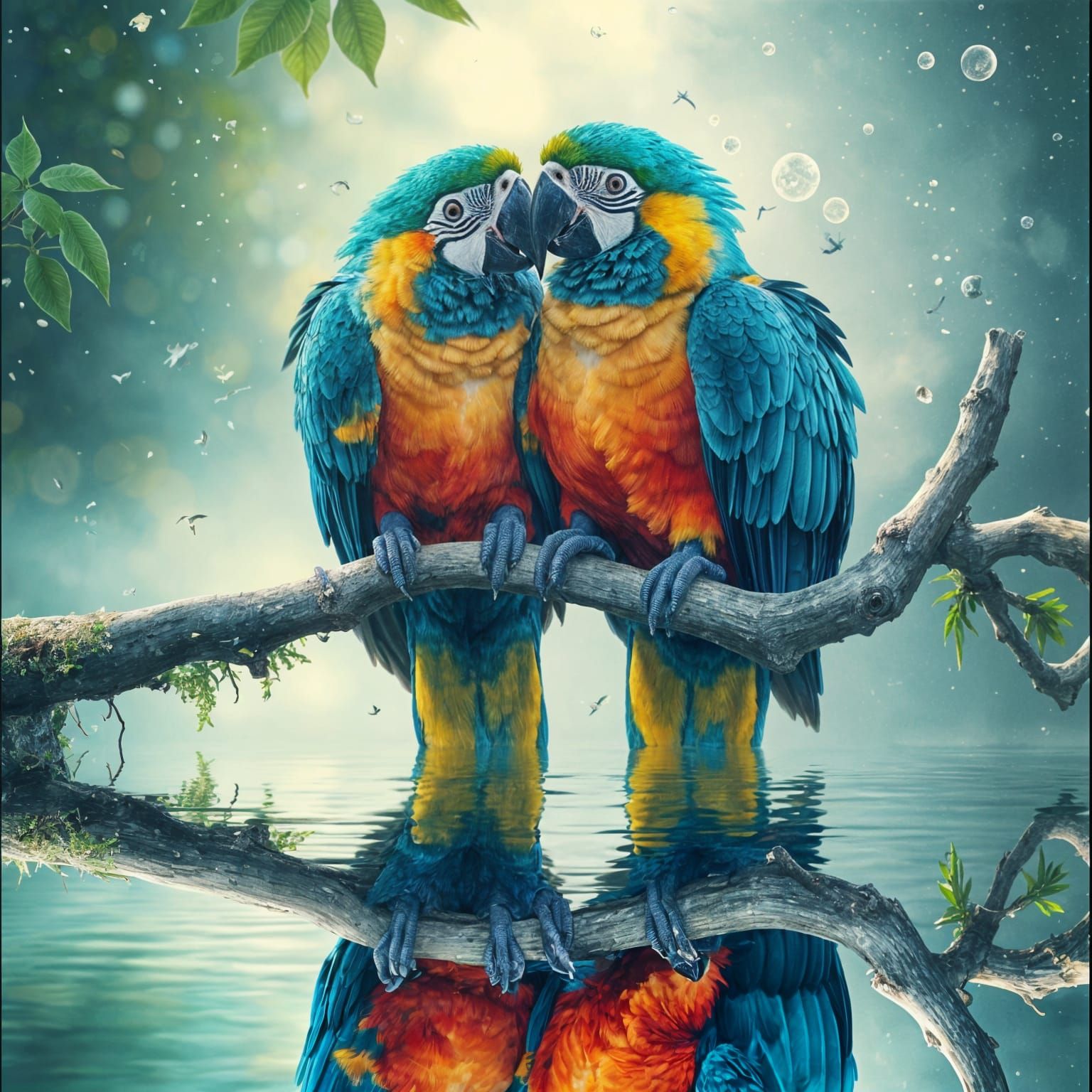 Macaw Couple in Love: Hyperrealistic Watercolor Scene