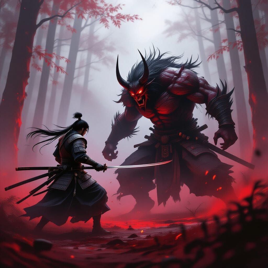 Samurai Battles Demon in Blood Forest