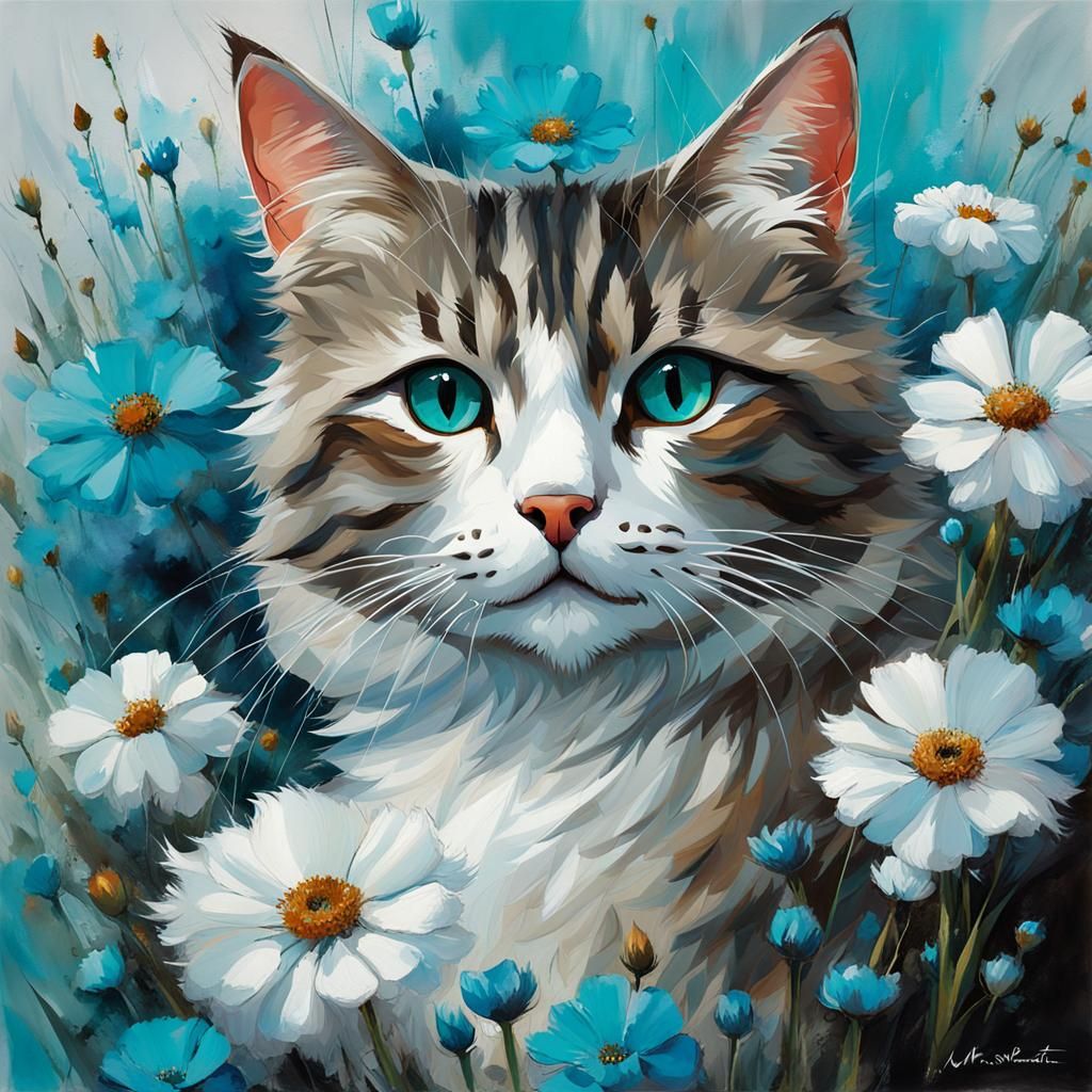 Beautiful Tabby Cat with Flowers as Oil Painting