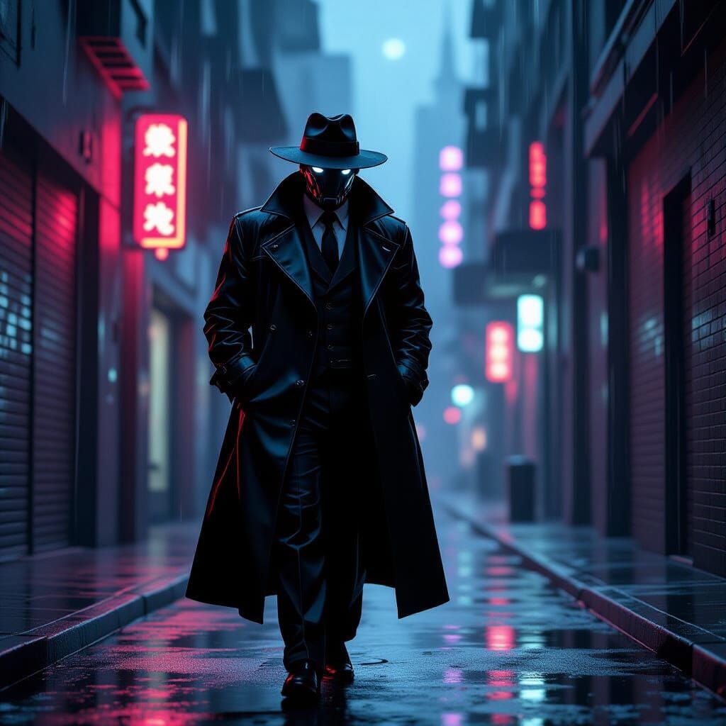 Retro-Futuristic Robot Detective in Rainy Cityscape