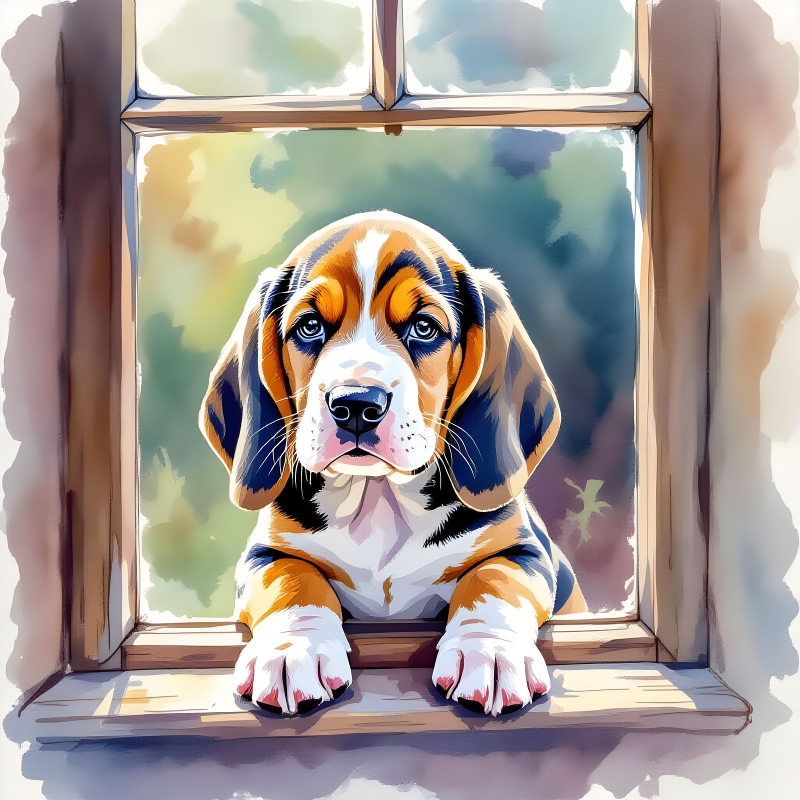 Watercolor Basset Hound Puppy at Window