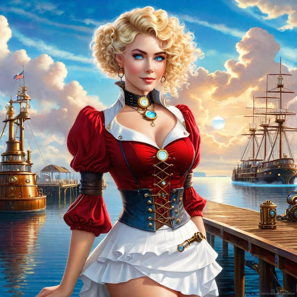 Beautiful modern Steampunk woman with short Blonde curly hair on a jetty at the harbor in a Steampunk world
