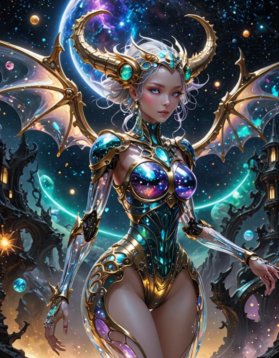 Iridescent Dragon Girl in Cyberpunk Style