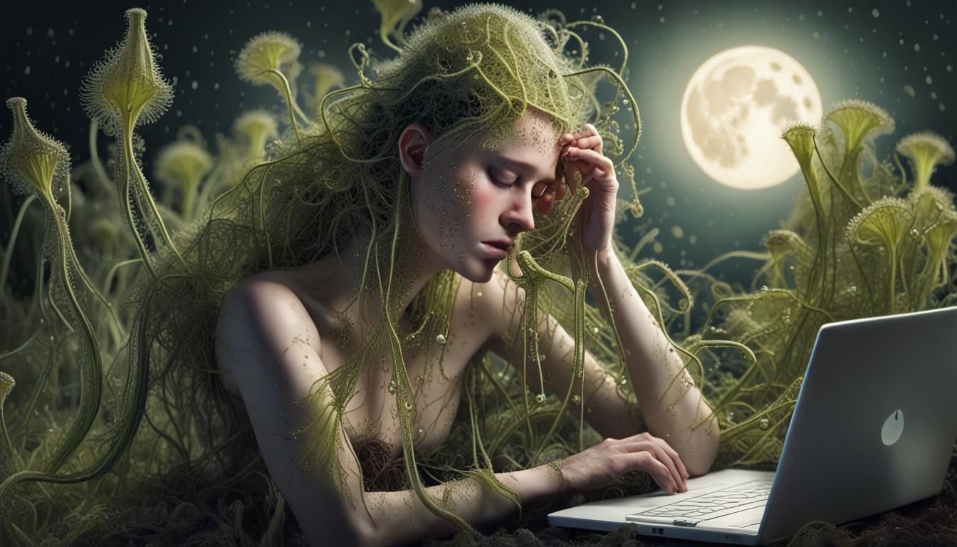 Woman Ensnared by Carnivorous Sundew in Moonlight
