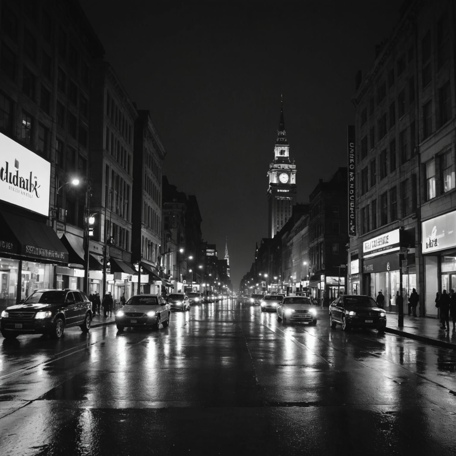 City Street at Night: Black and White Matte Painting