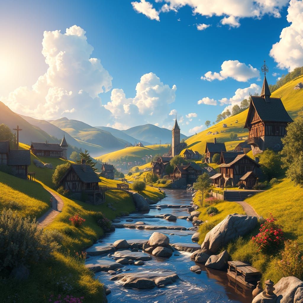 Whimsical Fantasy Townscape with Serene Stream