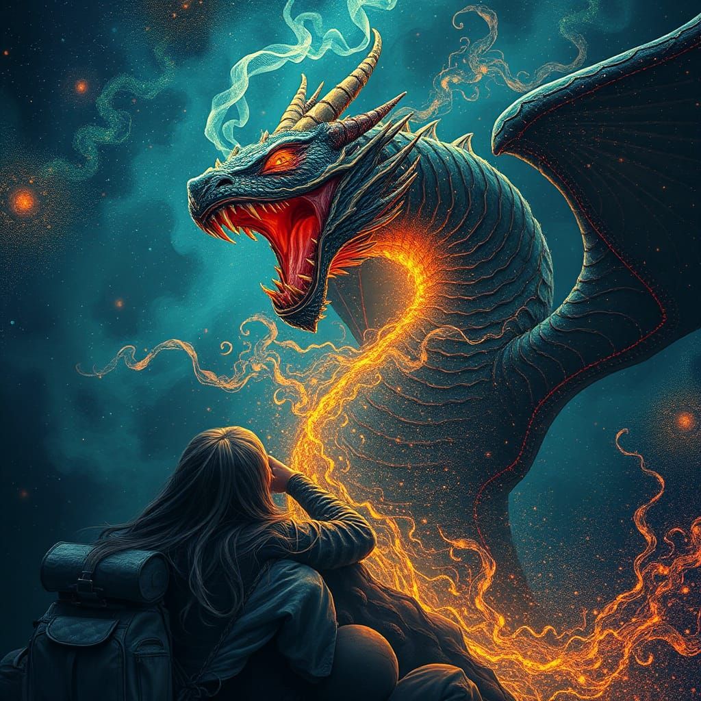 Mystical Dragon Roar: Pointillism Concept Art