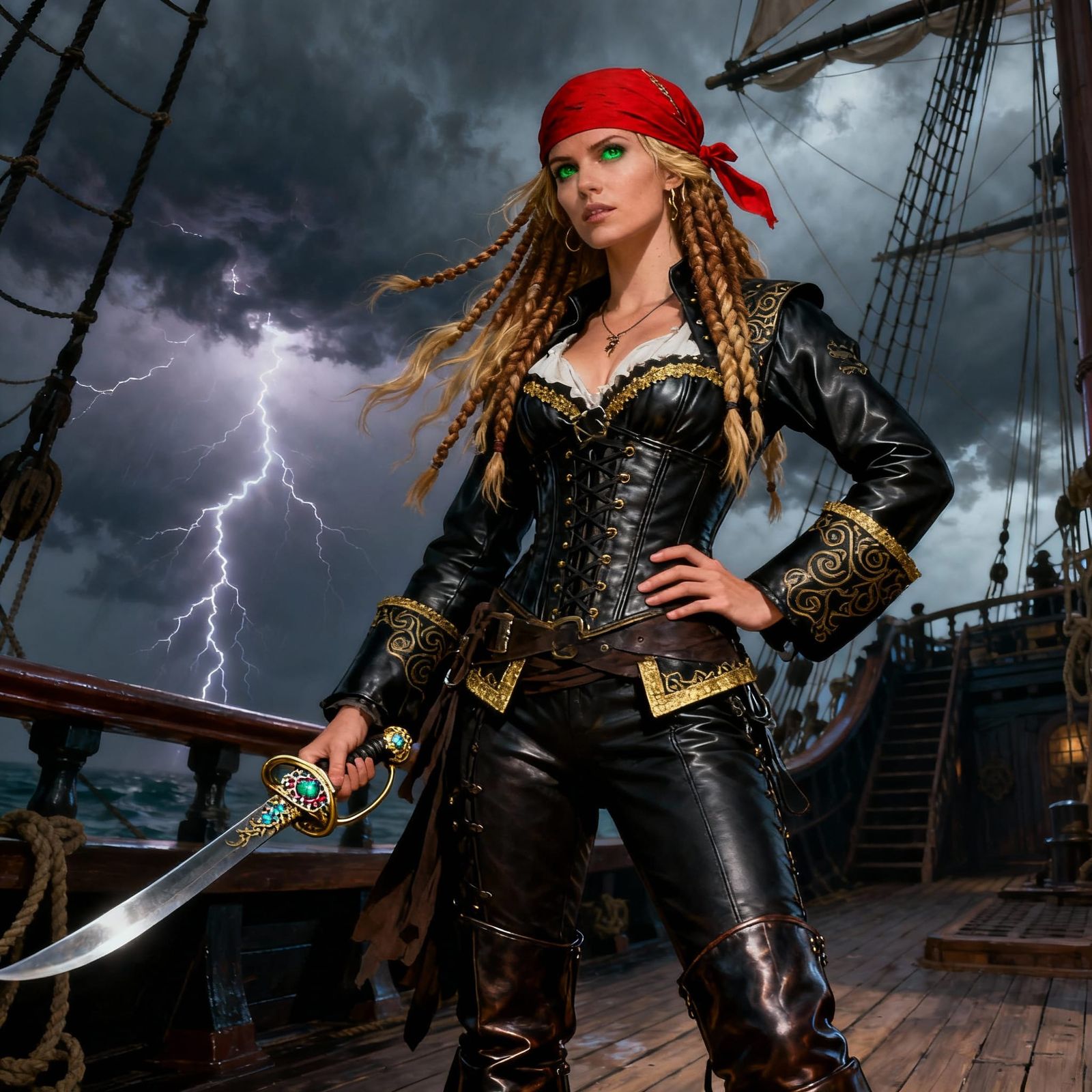 Pirate Woman in Stormy Seas, Hyperrealistic Digital Art