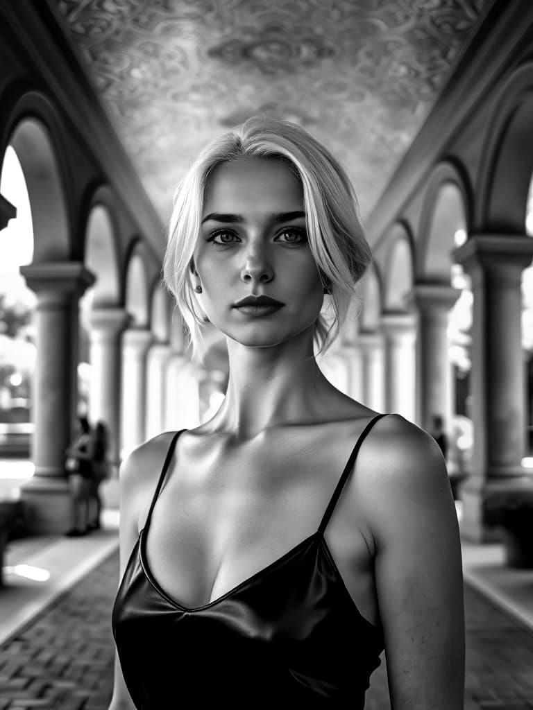 Woman in Latex Dress in Sunlit Arcade