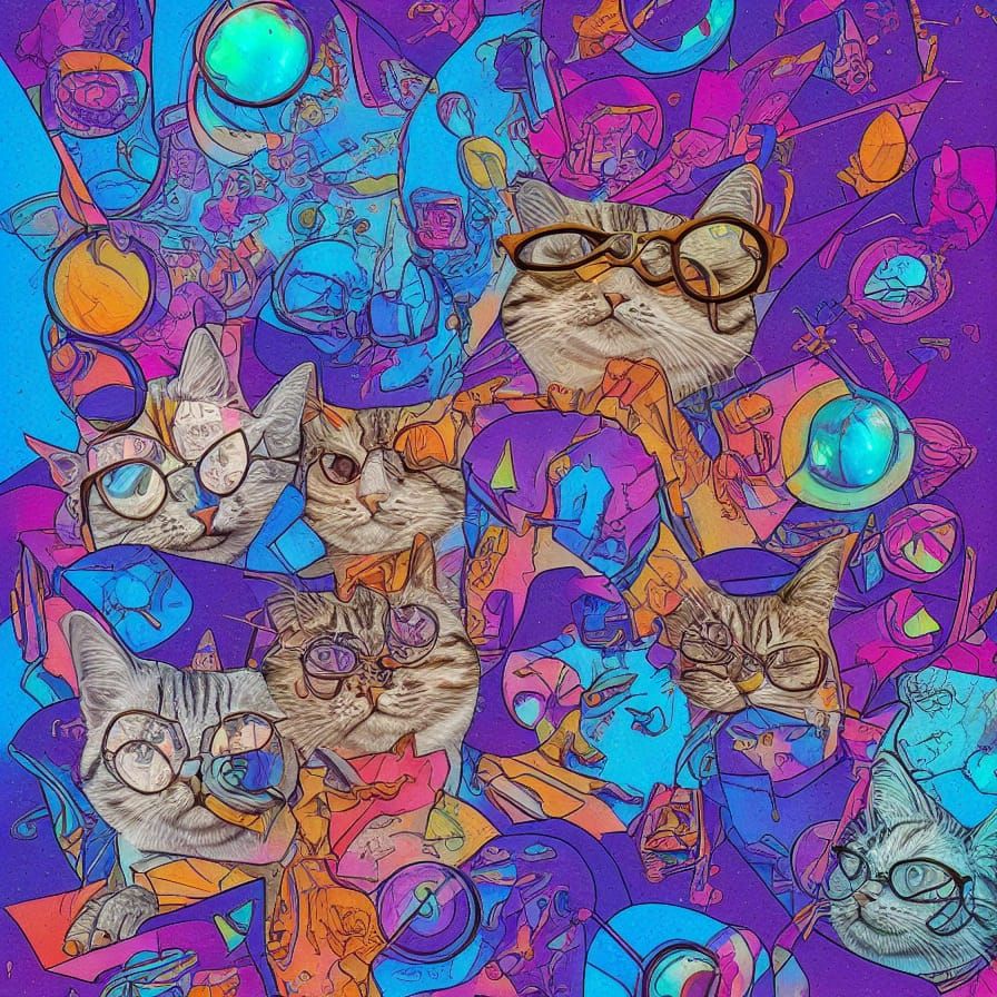 Cosmic Cats with Glasses: Holographic Astral Illustration