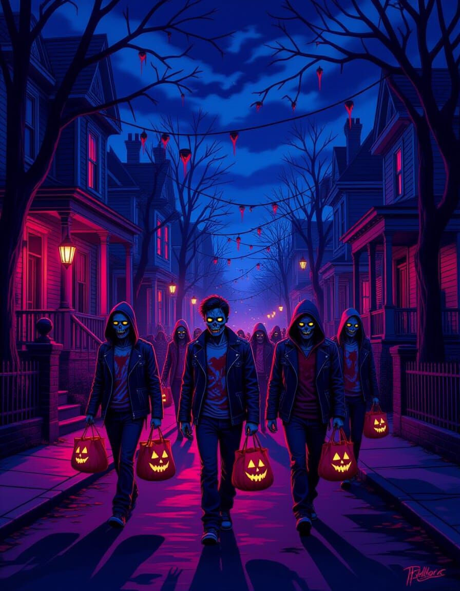 Zombie Teens Trick-or-Treating on Eerie Street