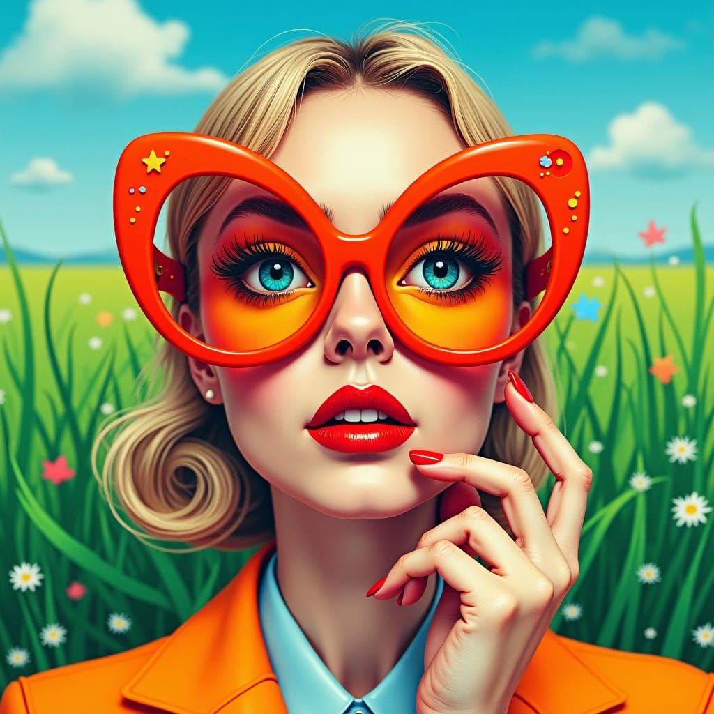Woman With Surreal Eyewear in Dreamlike Landscape