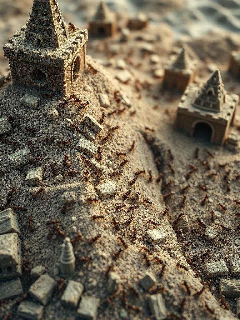 Ant Armies Build Epic Sandcastle: Macro Tilt-Shift Photo