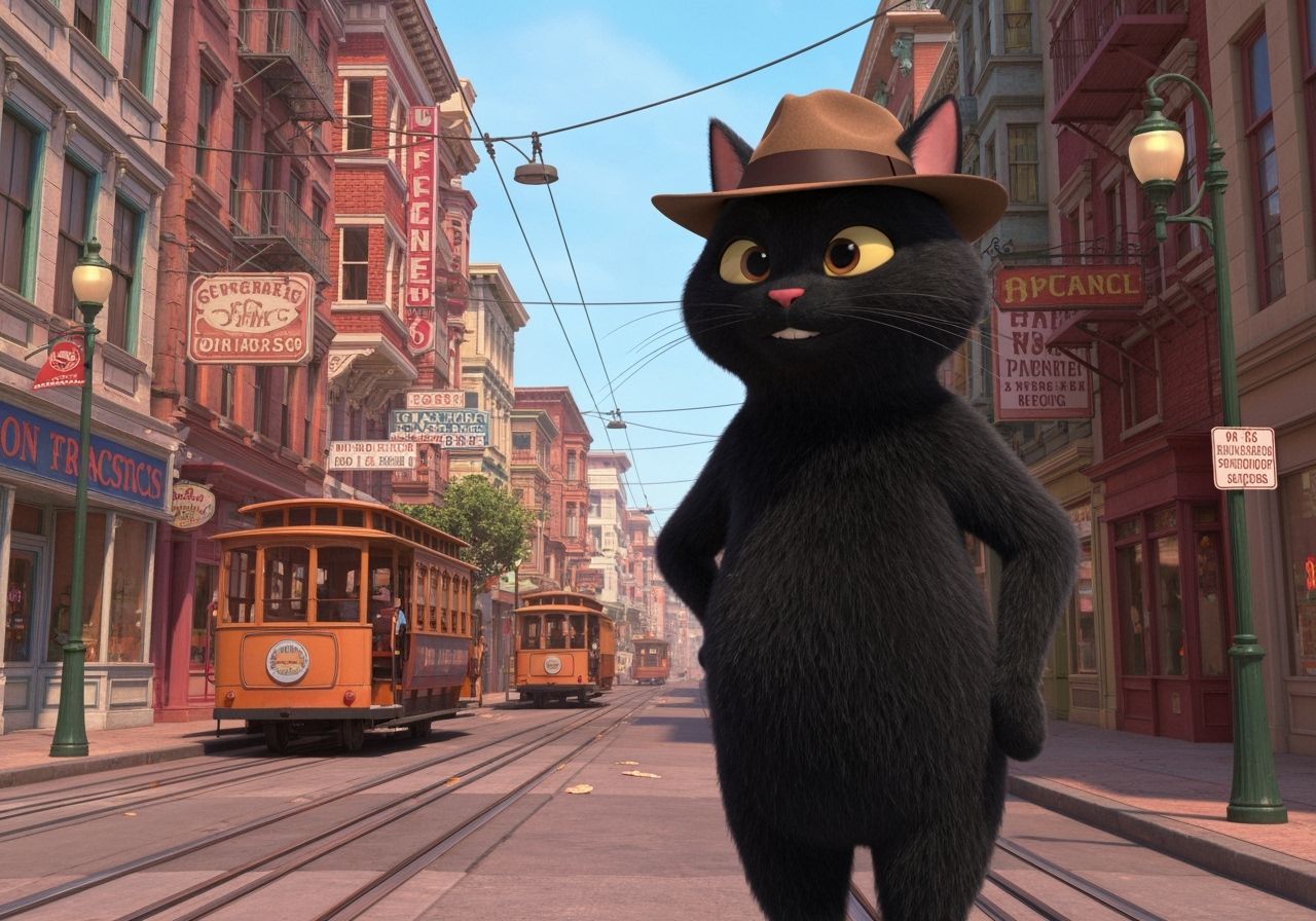 Cat in Fedora: 3D Pixar Style San Francisco Scene