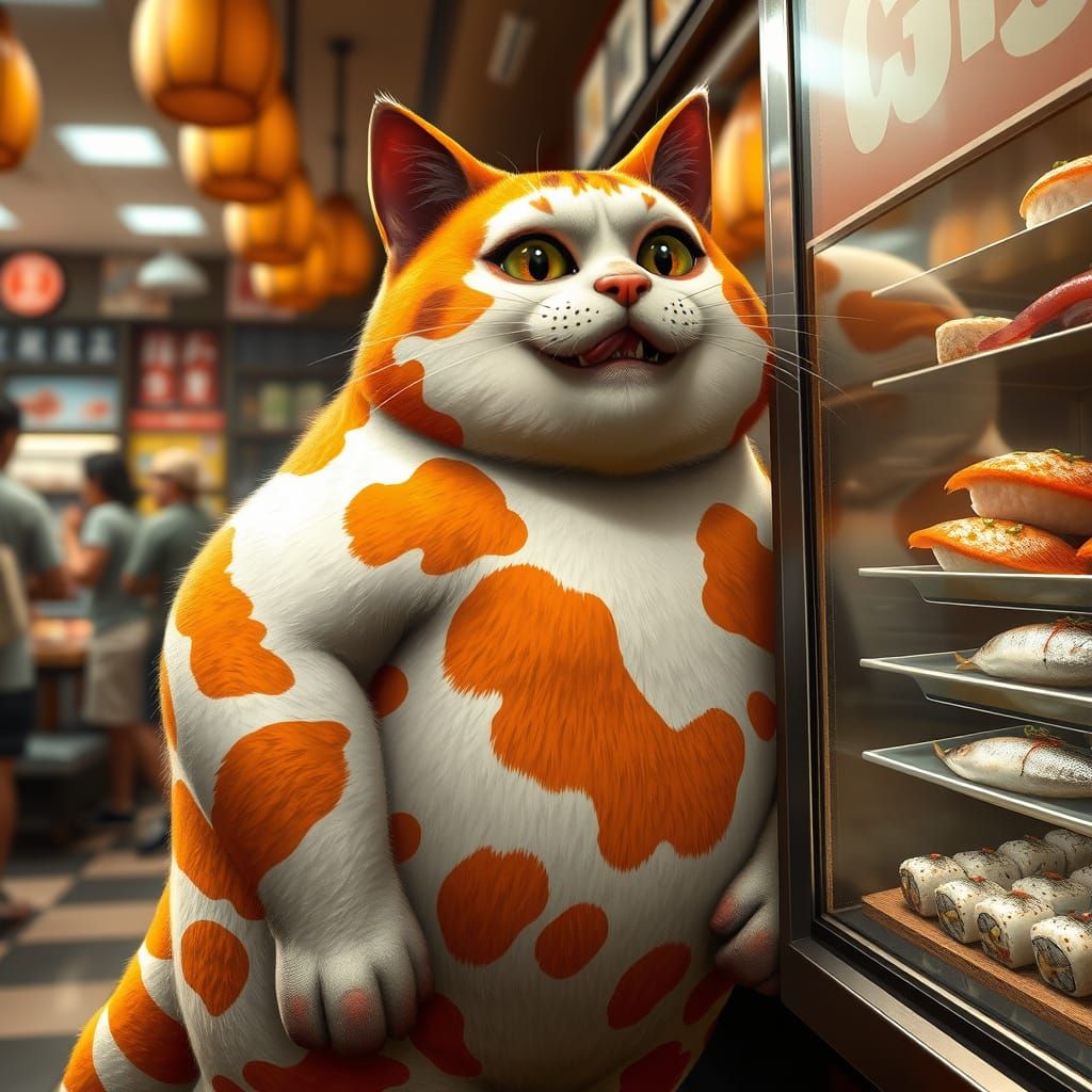 Whimsical Feline Foodie in a Vibrant Buffet Scene