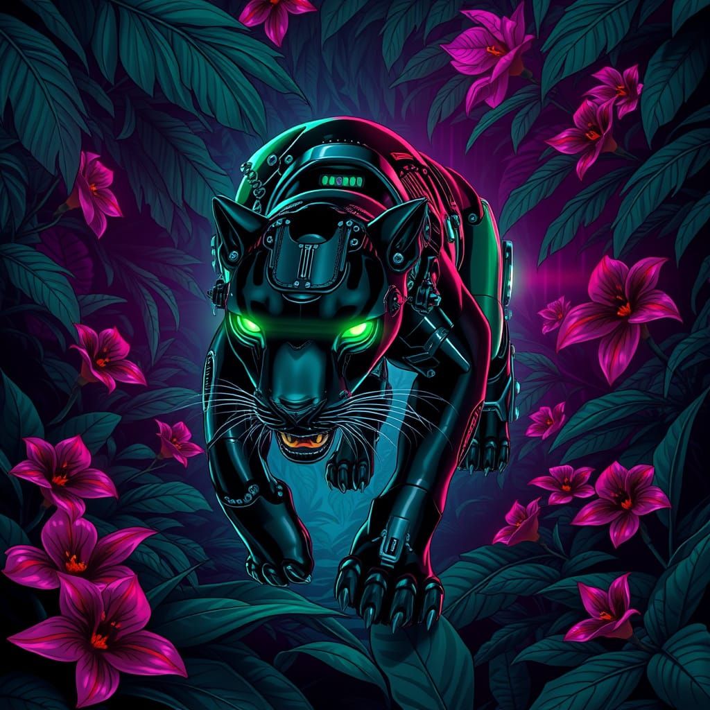 Cybernetic Panther in Neon Jungle, Cyberpunk Style