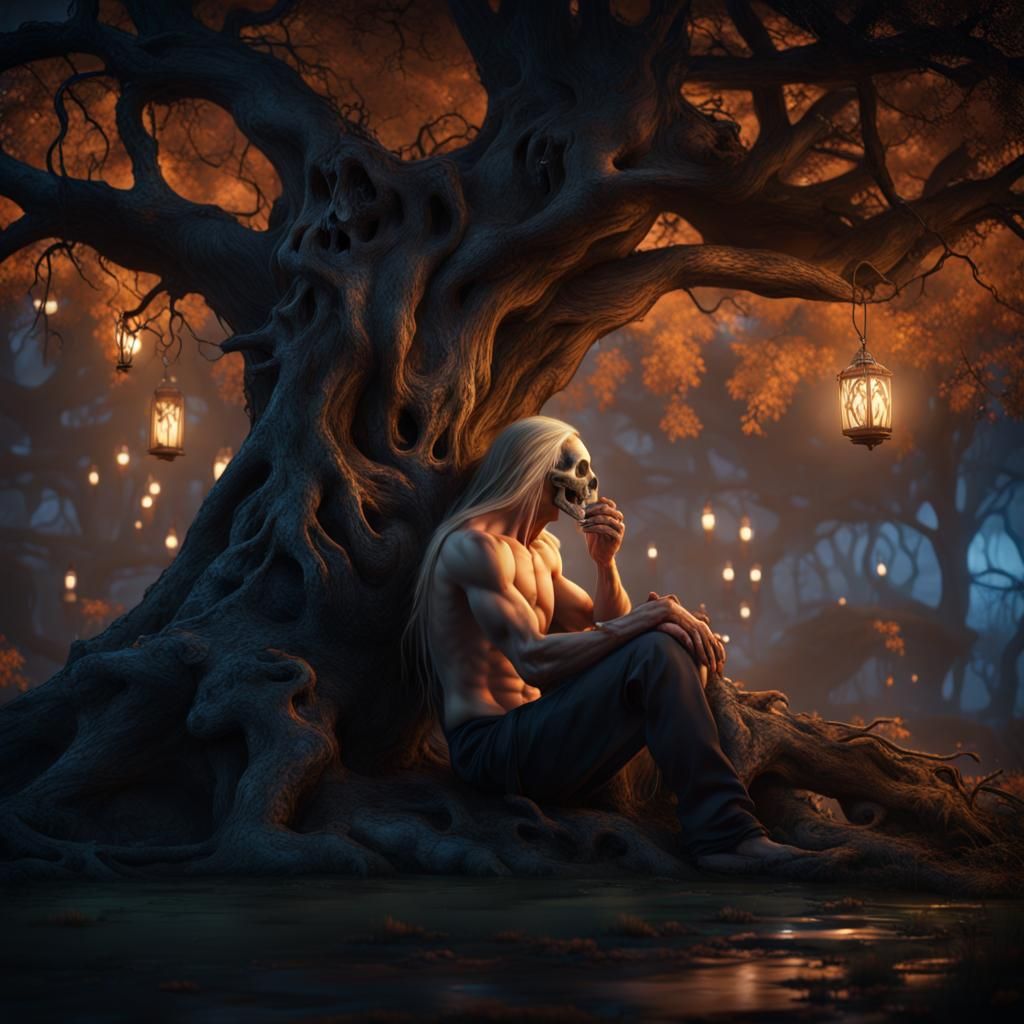 Man Kisses Skull in Detailed Fantasy Art