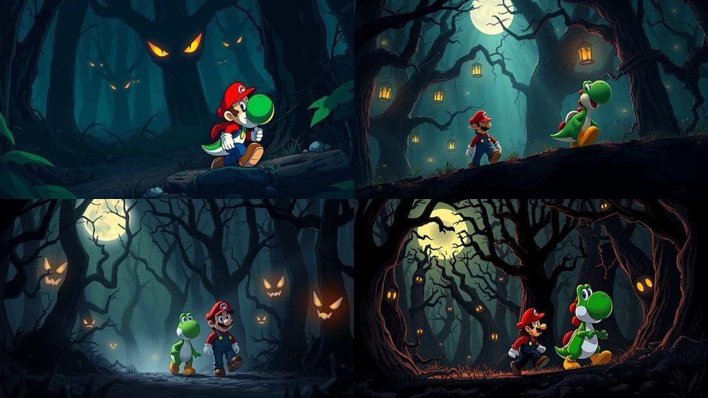 Mario and Yoshi Navigate Dark Forest Shadows in Anime Style