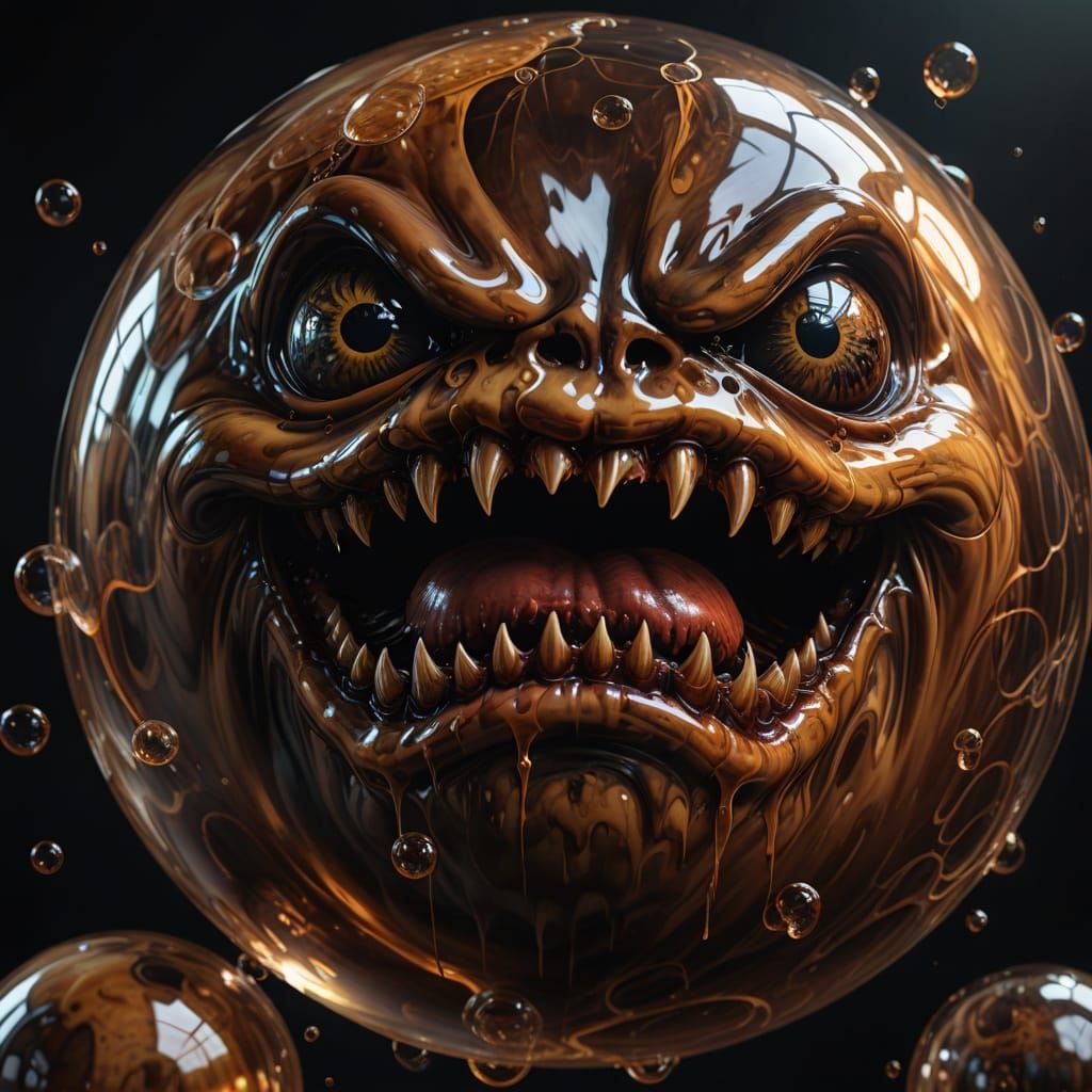 Menacing Brown Bubble with Sharp Teeth in Oil Painting Style