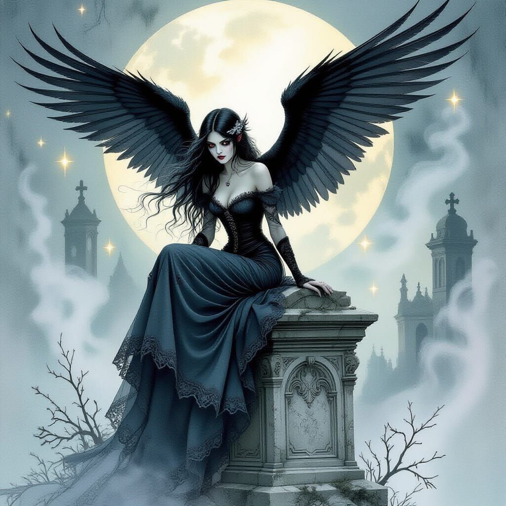 Gothic Fairy with Raven Wings Watercolor Art