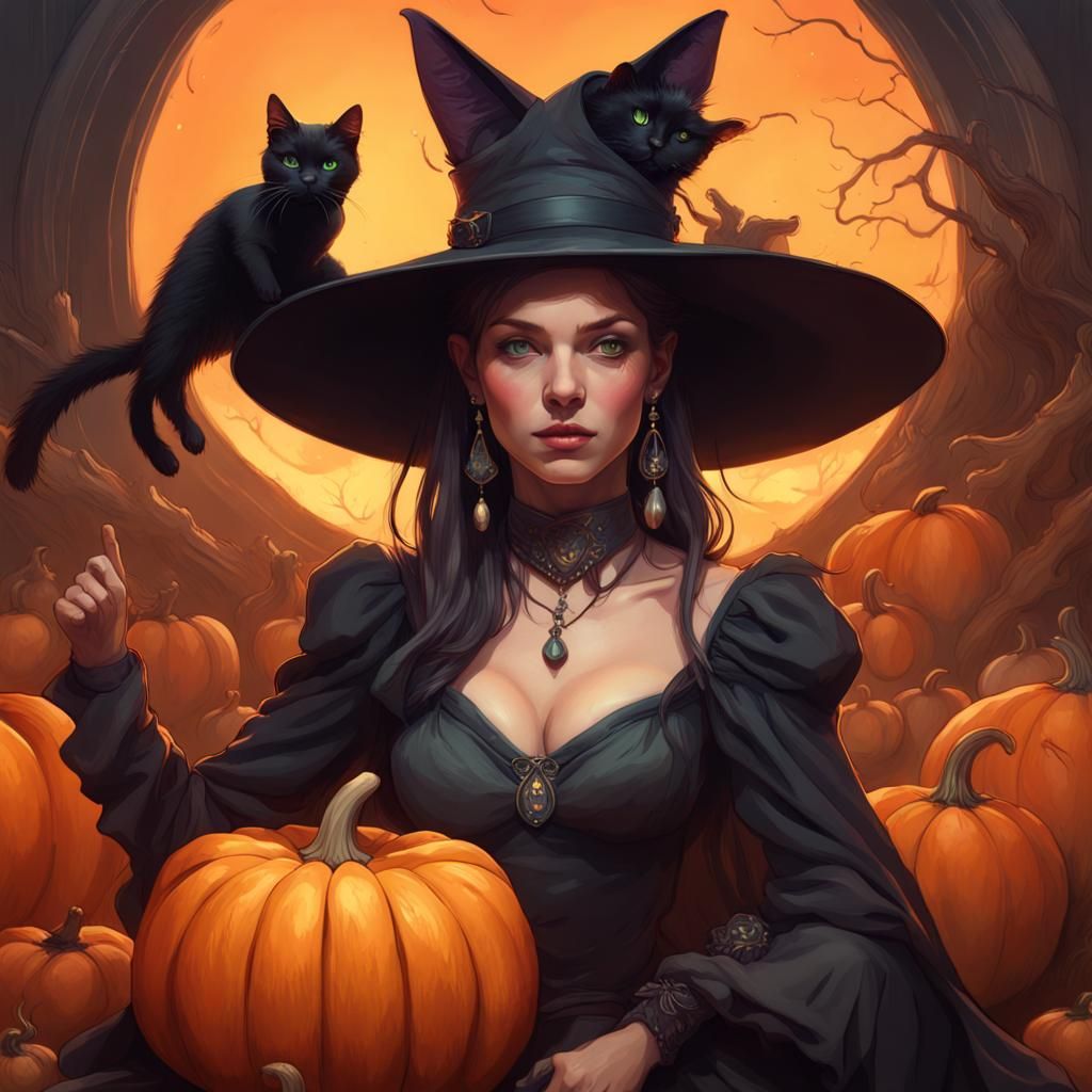Witch and Cat Portrait in Art Nouveau Style