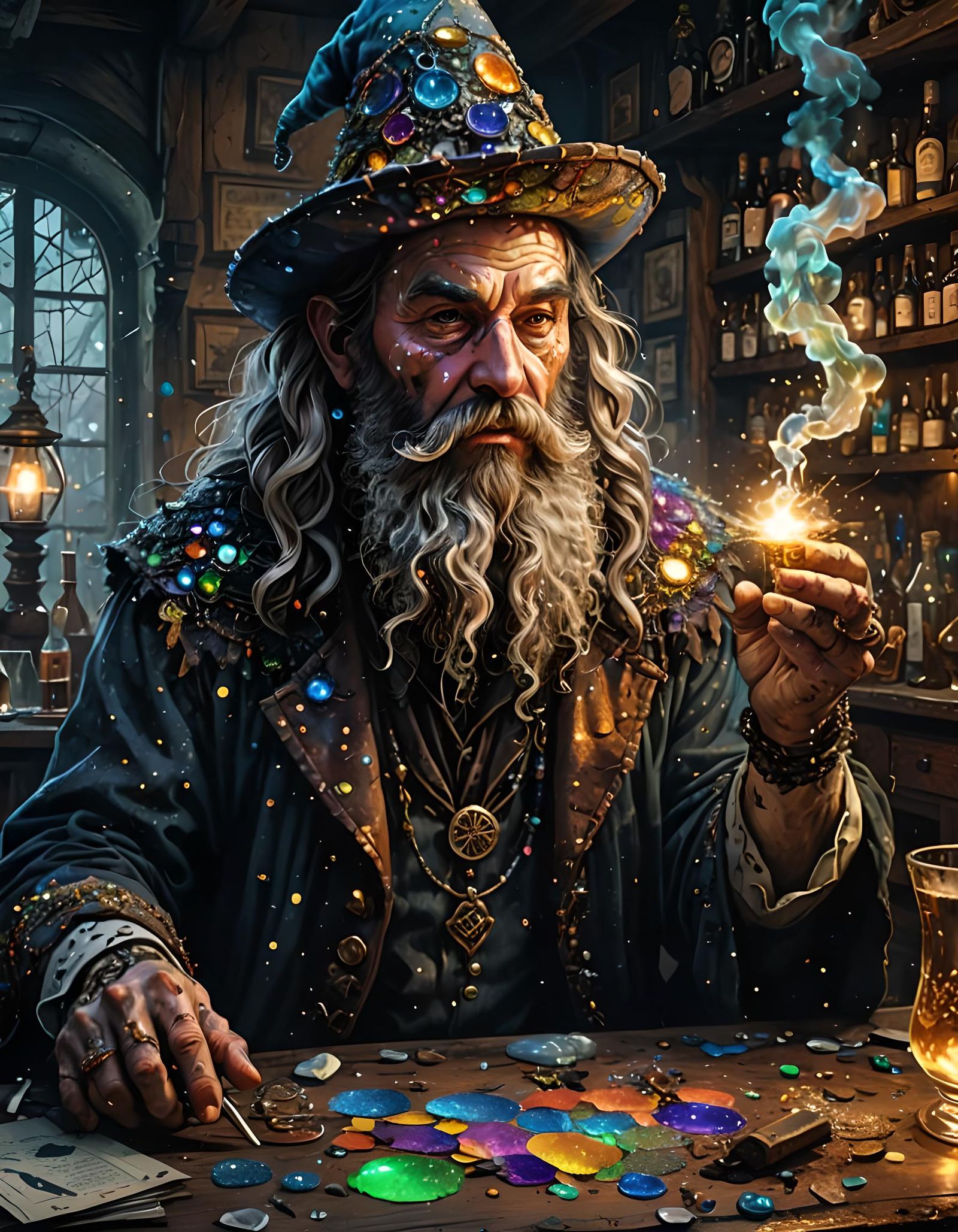 Seedy Wizard in Dark Fantasy Tavern: Digital Render