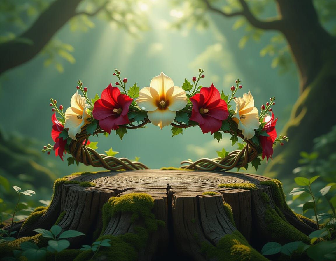 Nature's Druid Crown: Vines, Flowers, and Roots on Mossy Stu...