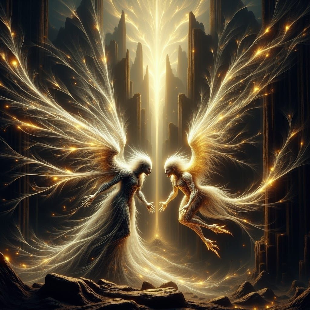 Radiant Angel Versus Shadow Demon in Baroque Style