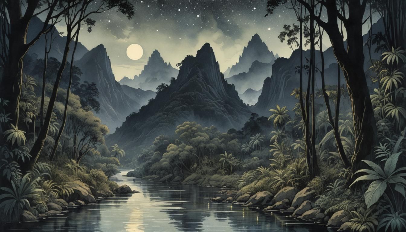 Night Jungle Riverbank in Art Nouveau Style