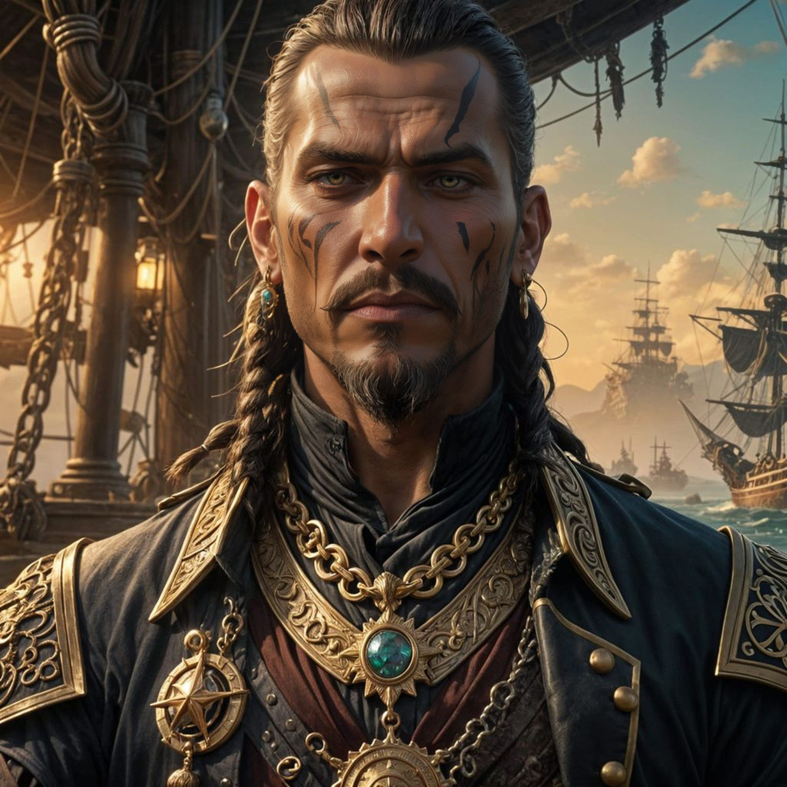 Majestic High Fantasy Pirate Captain in Dark Magic Splendor