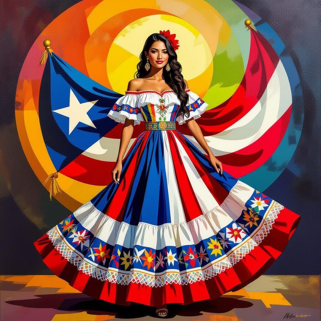 Folk Art Portrait of Puerto Rican Woman in Flag Dress