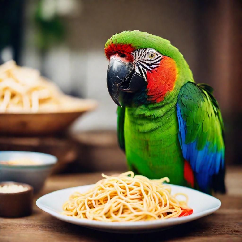 Parrot Eating Ramen: Polaroid-Style Studio Portrait