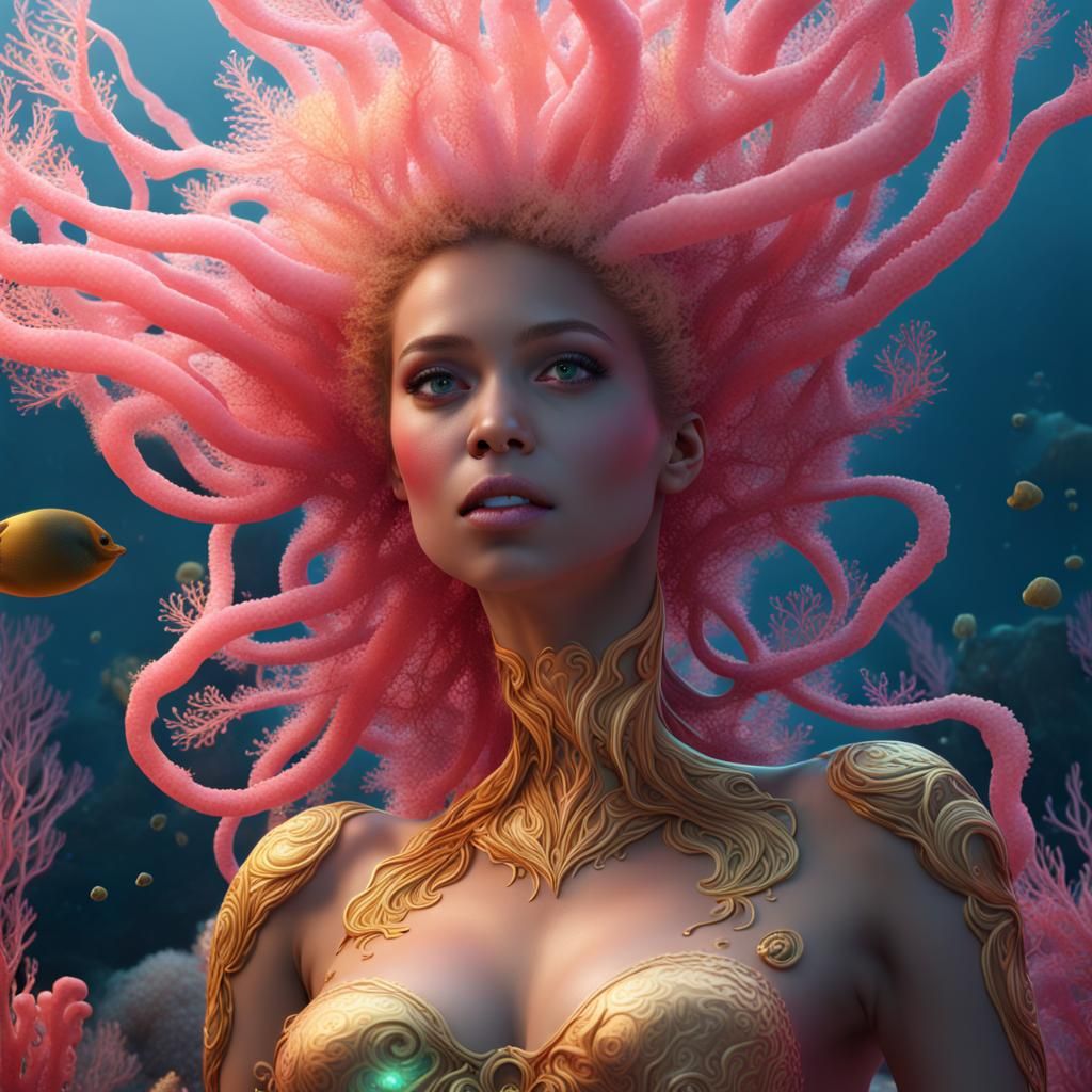 Underwater Nude with Jellyfish in Detailed Digital Painting