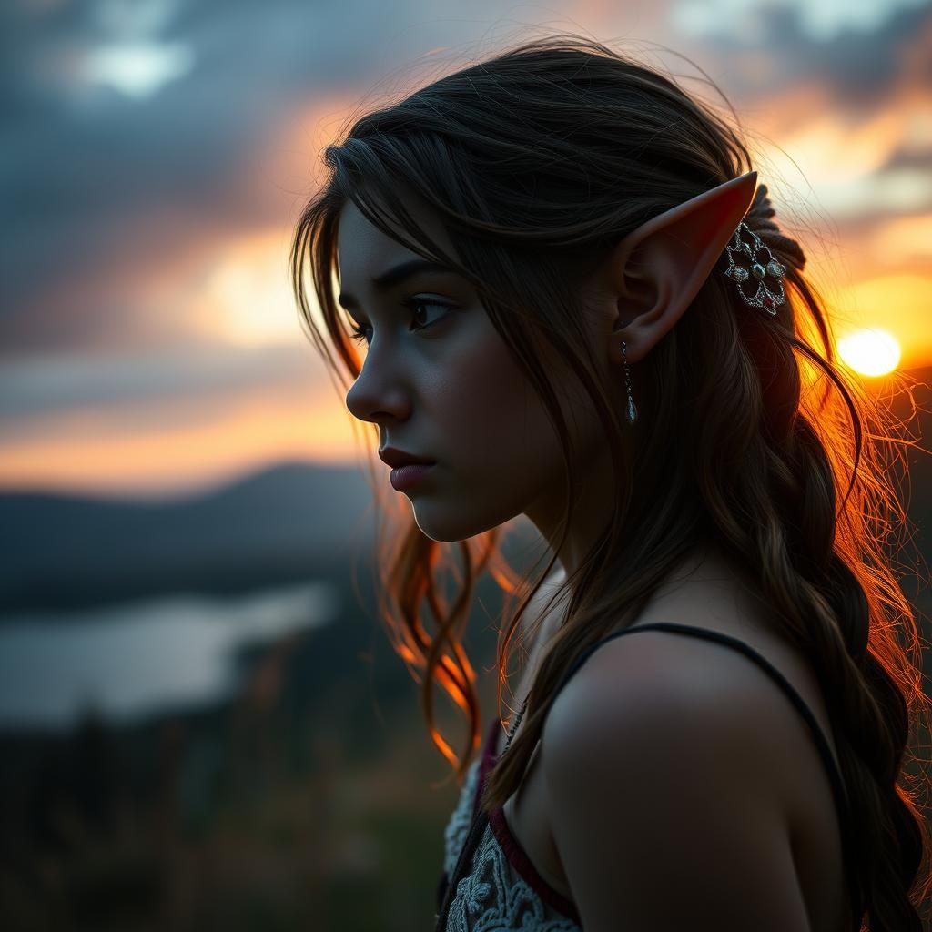 Hyperrealistic Elf Girl Gazing at Sunset