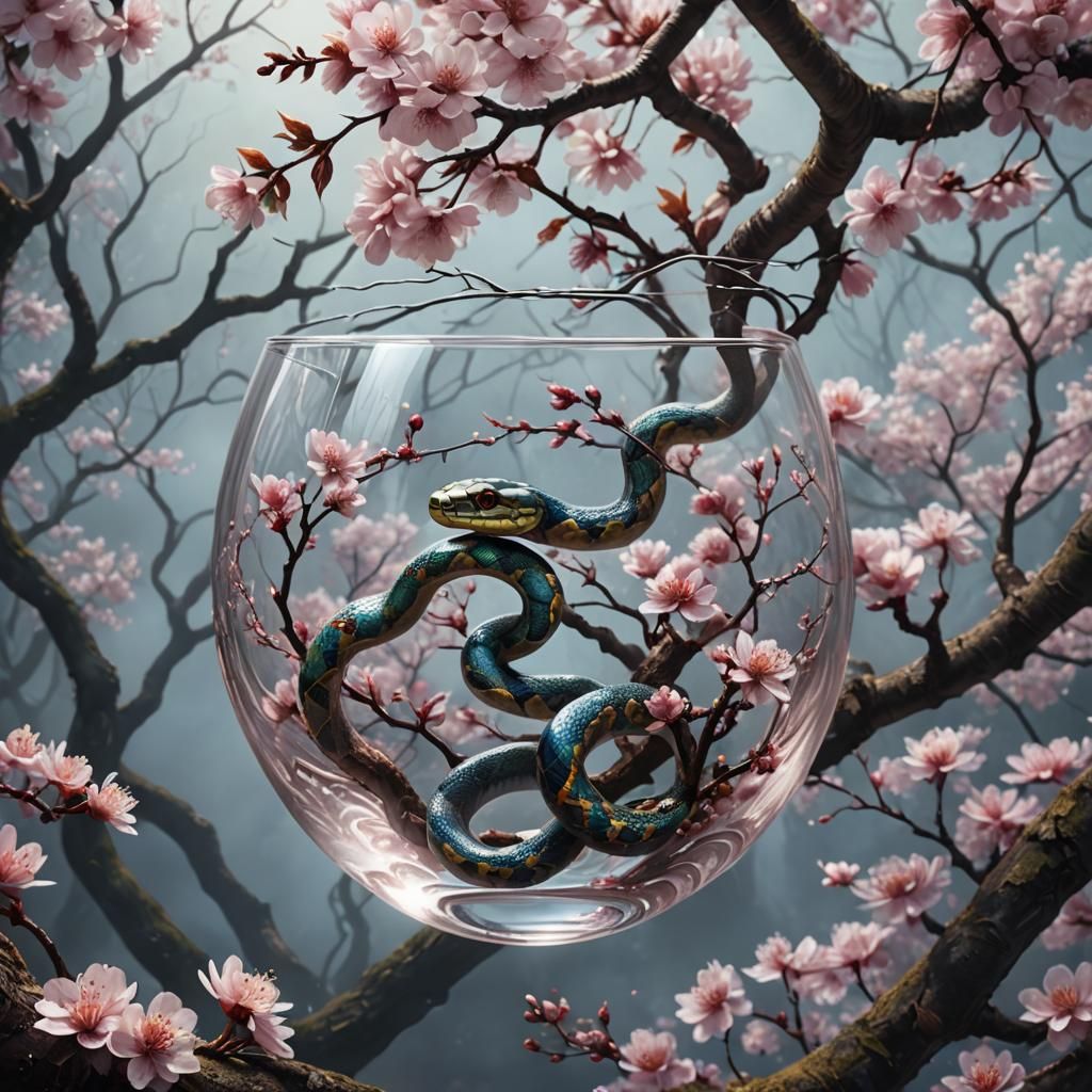 Glass Snake Coiled Around Cherry Blossoms